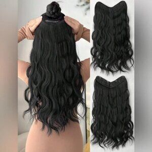 U Shaped Black Wavy One Piece Thick Clip in Hair Extension Piece 22 In long